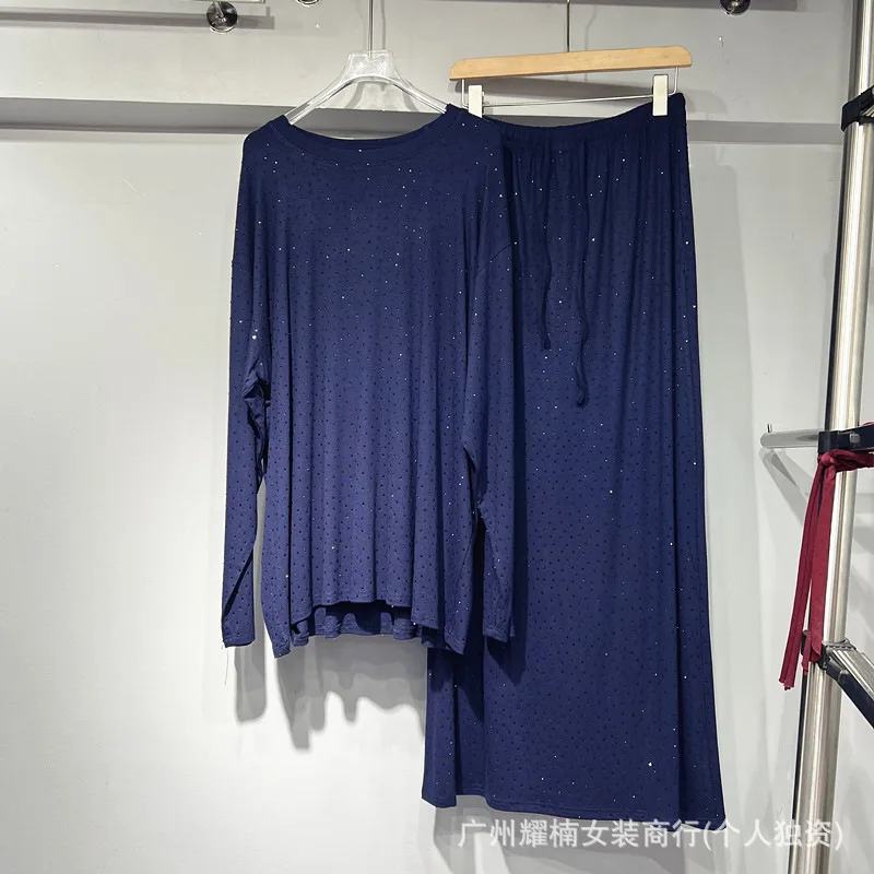 Full Diamonds Hot Drilling Women Two-piece Set Solid Color Long Sleeve Basic T-shirt Top + Elastic Waist Ultra Long A-line Skirt