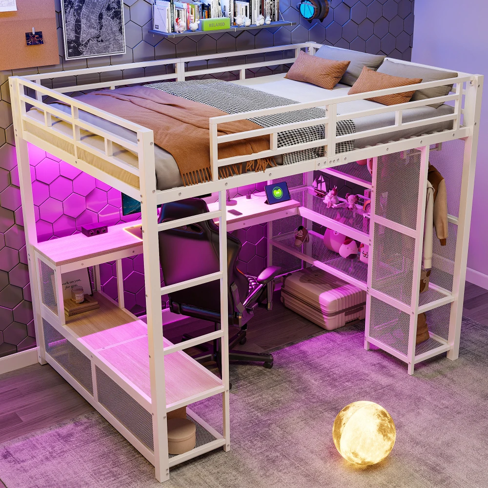 140 x 200 cm großes Hochbett aus Metall mit Stauraum und offenem Kleiderschrank, Kinderzimmerbett mit USB-Anschluss und LED-Beleuchtung, Schwarz/Weiß – Detail 20