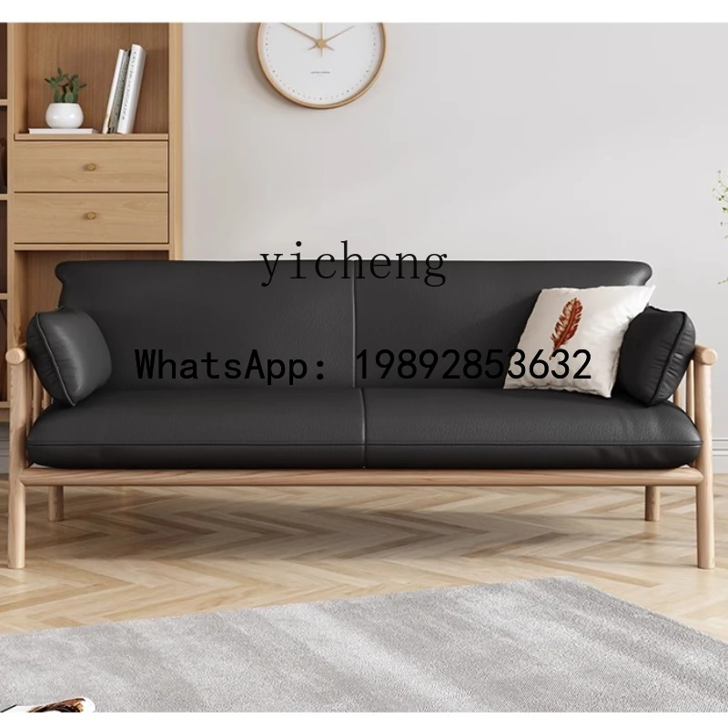 AB  all-solid wood leather art  apartment living room straight row three-person simple apartment small sofa