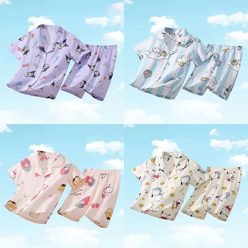 

Sanrio Children Pajamas Sets Summer Cinnamoroll Cute Anime Kuromi My Melody Cardigan Short Sleeve Sleepwear Girls Boys Homewear