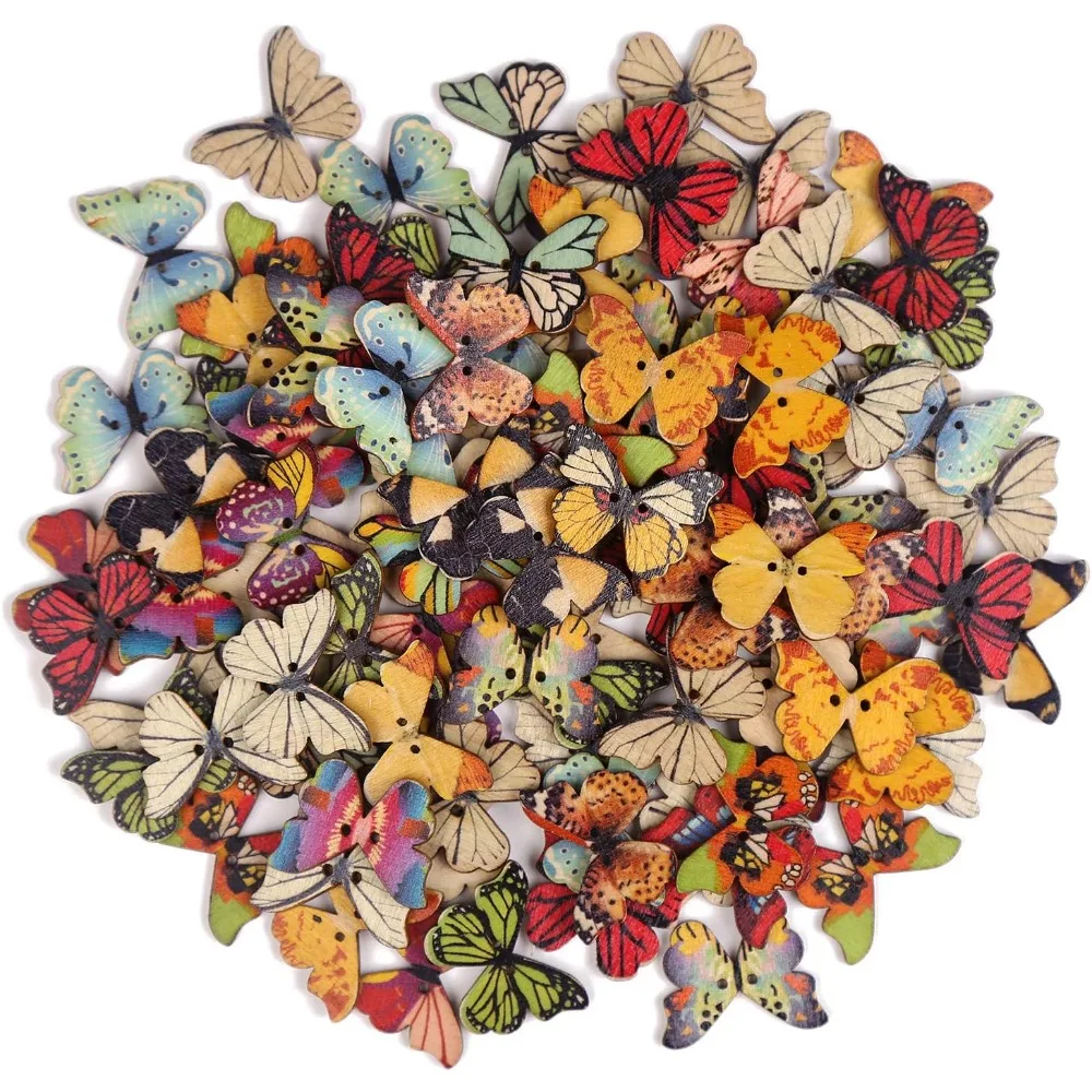 

100 PCS Butterfly Wooden Buttons,1 Inch Colorful 2 Holes Mixed Decorative Buttons for DIY Sewing&Wood Craft Clothes Acce