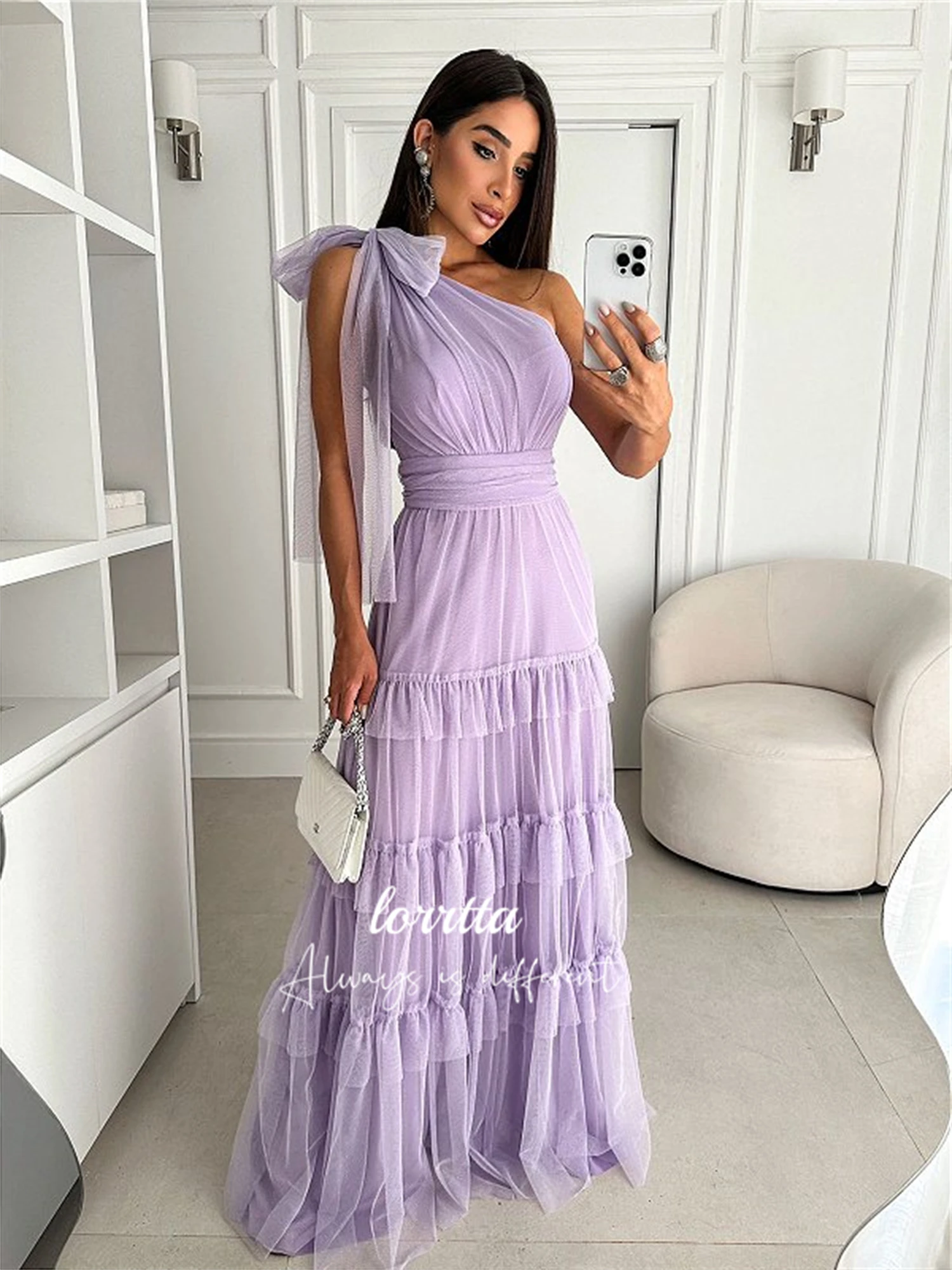 

Lorrtta Bridesmaid Dress Straight Line Party One Shoulder Sleeve Layered Purple Graduation Gown Long Elegant Evening Dresses