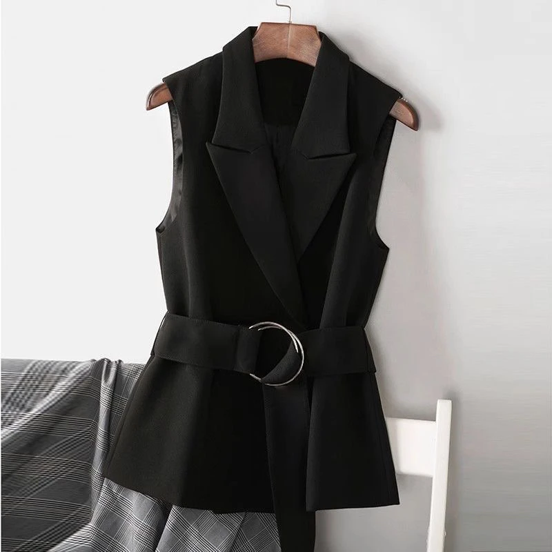 Anti-Wrinkle Suit Vest 2026 Spring Autumn New Trend Design Black Belted Sleeveless Outerwear Polyester Fiber 100% Regular Length