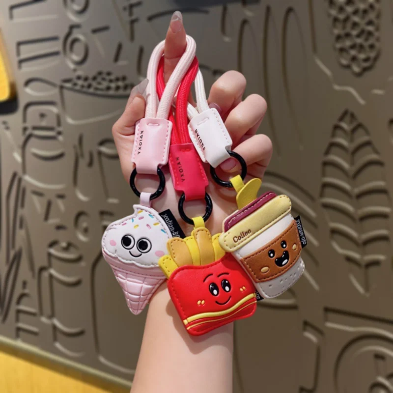Kawaii Ice Cream PU Leather Bag Hanging Cute Pendant Milk Tea And French Fries Keyring Car Key Buckle Accessories Girl women
