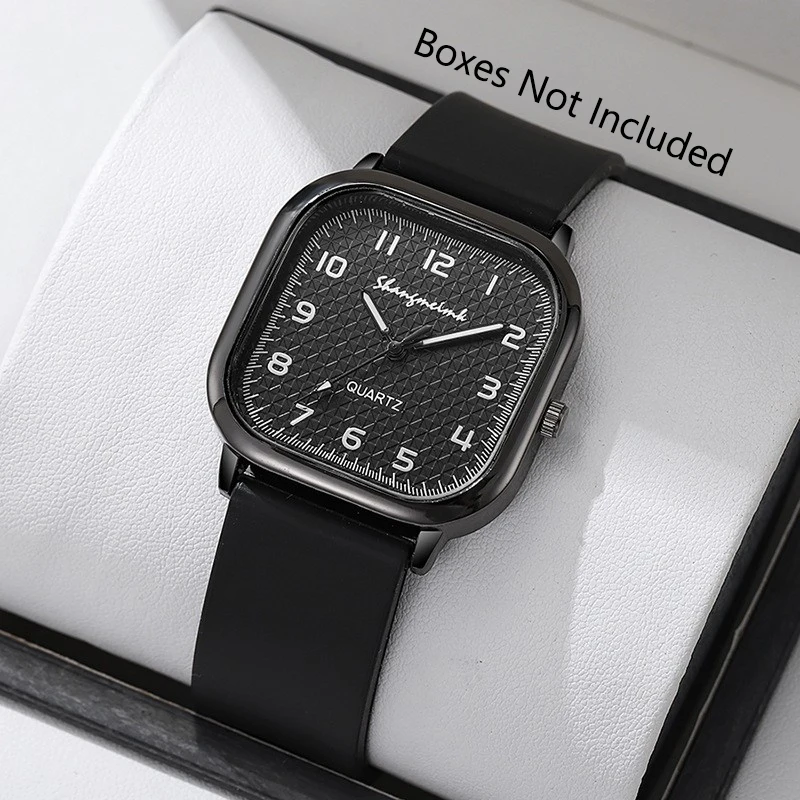 Unisex Square Quartz Watch Black Textured Dial Silicone Strap Minimalist Casual Men Women Daily Wristwatches（Without Box）