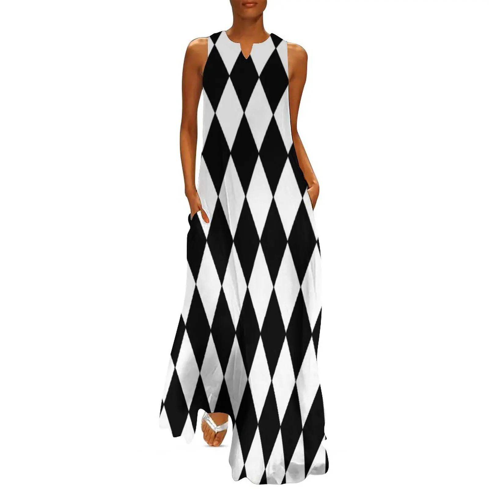 LARGE BLACK AND WHITE HARLEQUIN- DIAMOND- ARGYLE PATTERN DESIGNED FOR HOME DECOR AND CLOTHING Long Dress