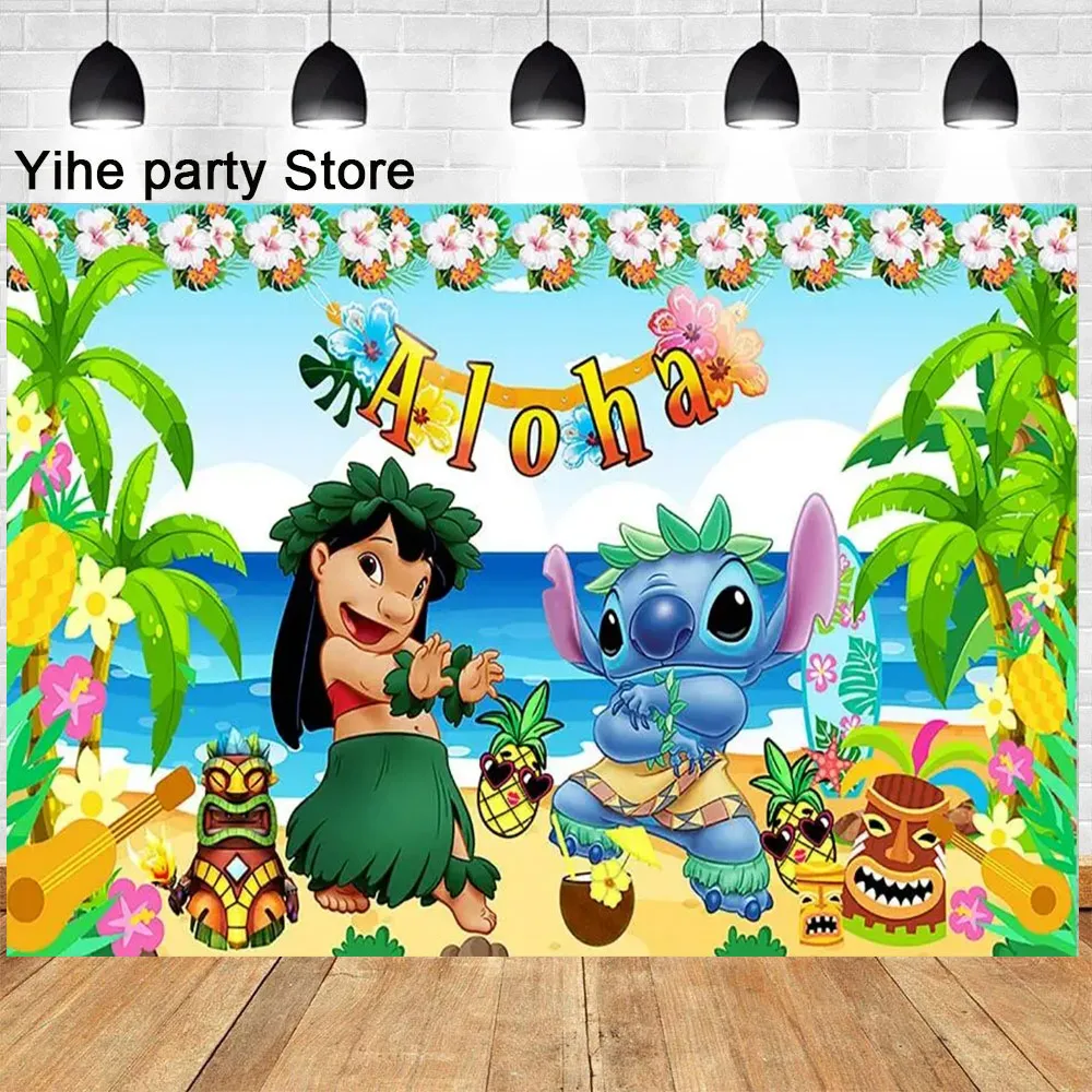 Cartoon Lilo & Stitch Hawaiian Aloha Theme Children's Happy Birthday Decoration Photography Ocean Flower Backdrop Photo Studio