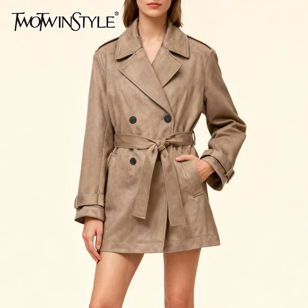 

TWOTWINSTYLE женское пальто из искусственной кожи с лацканами и длинными рукавами, тонкая лоскутная двубортная классическая универсальная женская куртка