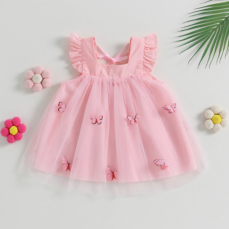 VISgogo Baby Girls Sweet Princess Dress Summer Casual Dress Fly Sleeve Square Neck 3D Butterfly Tutu Tulle Dress Baby Outfit