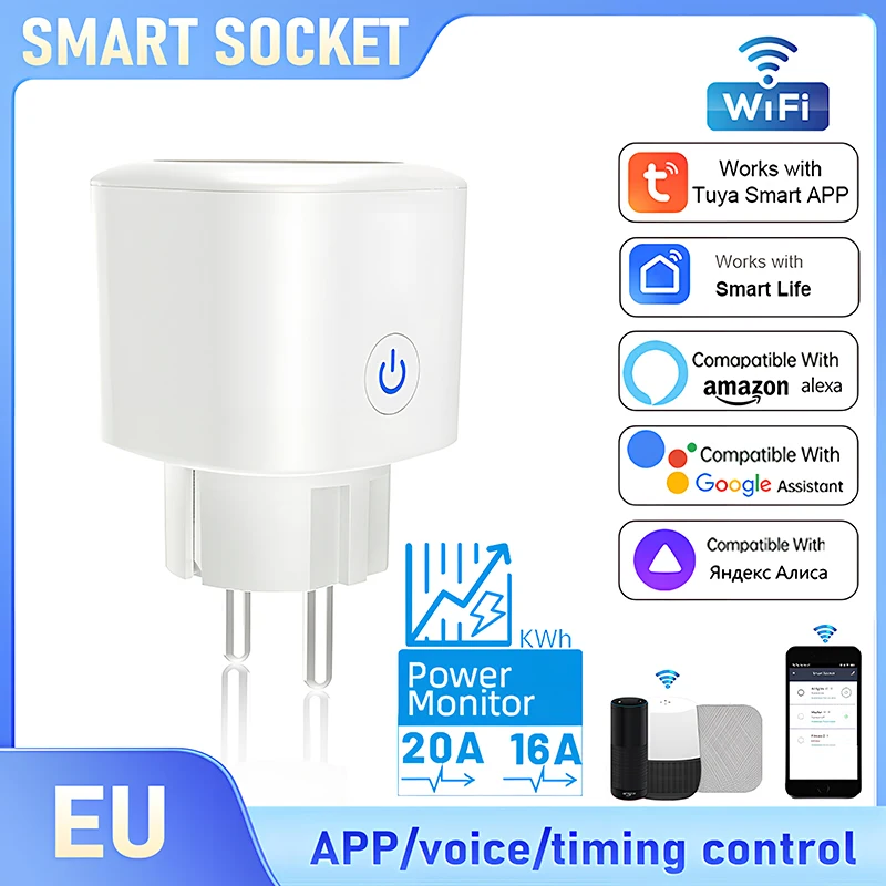 

Tuya WiFi Smart Socket 10A/20A EU Plug With Energy Monitoring - Work With Alexa/Google Assistant, APP Remote Control with Timer