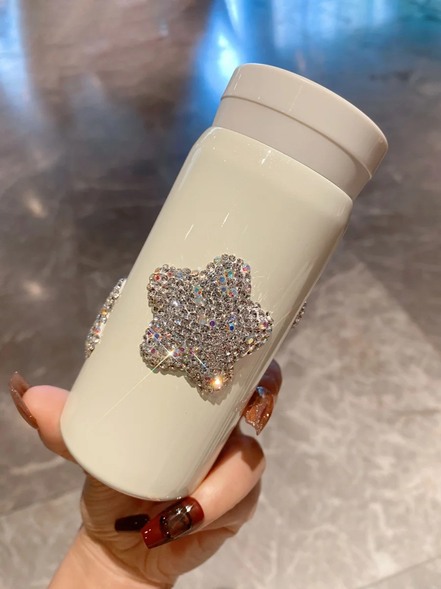 Star Tumbler Water Cup with Rhinestones 304 Stainless Steel White Coffee Milk Juice Mug Portable Office Home Drinking Mug 200ml