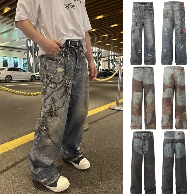 Jeans kasual longgar pria dan wanita, pakaian gaya Amerika baru, rantai cetak digital 3D, pewarna lumpur tua, tinta longgar