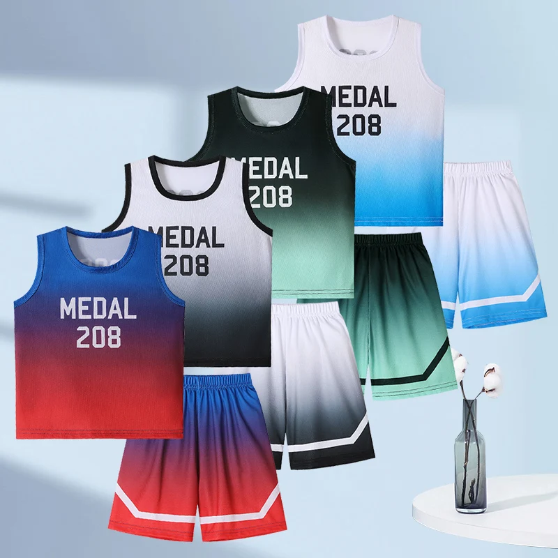 Celana Pendek Olahraga dan Santai Anak-anak Musim Panas 2/4 Potong untuk Anak Laki-laki dan Perempuan Rompi Lari Longgar dan Sejuk Set Pantai Ukuran Besar