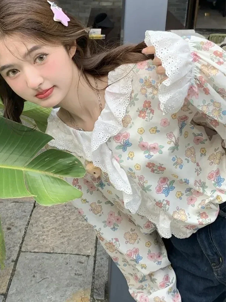 Chemises florales à volants pour femmes, douce, ample, décontractée, mignonne, japonaise, manches longues, Design Vintage, Prairie Chic, hauts