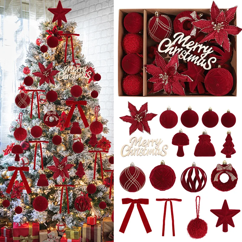 

38Pcs Velvet Christmas Ball Ornaments with Ribbon Bow Flowers Tree Star Topper for Christmas Home Decoration 2026 New Year Gift