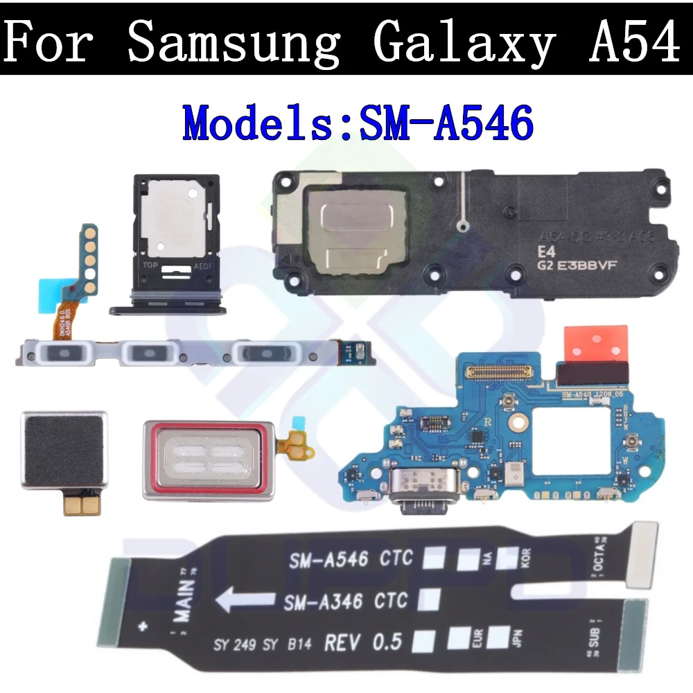 

Плата с зарядным портом для Samsung A54 A546, верхний ушной громкий динамик, SIM-карта, датчик отпечатка пальца, выключение громкости на материнской плате, гибкий кабель