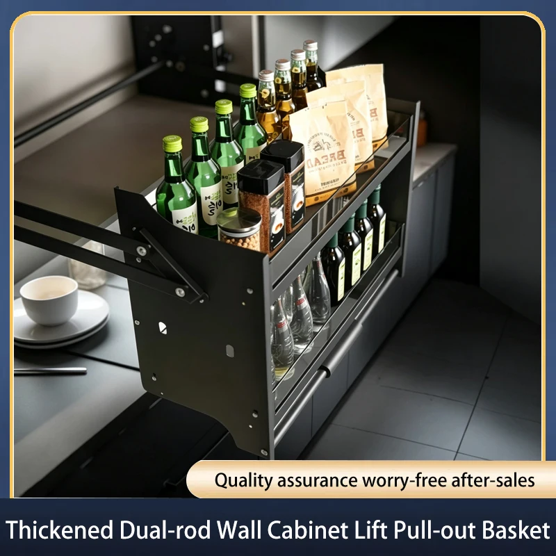 Premium Kitchen Wall Cabinet Pull Down Lift Up Storage Basket With Soft Close Damping Mechanism And Glass Aluminum Shelf