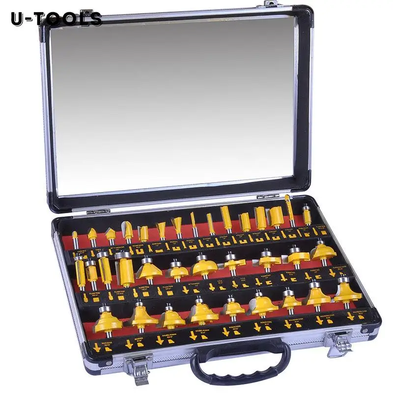 

U-TOOLS 24/35/50PCS Router Bits Set 6.35/8/12.7mm Shank Tungsten Carbide For Woodworking Cutter Trimming Knife Aluminum Box