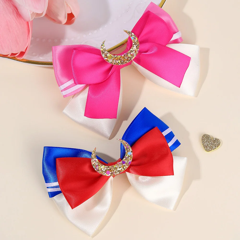 1/2Pcs Glitter Moon Hair Clips For Girls Sweet Splicing Colour Stain Ribbon Hairpins For Girls Party Daily Headwear Accessories
