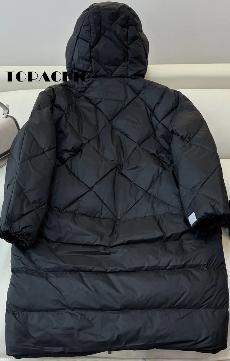 8.29 TOPACHIC-Women Goose Down Drawstring Hooded Keep Warm Outerwear Quilted Argyle Plaid Long Sleeve Loose Zipper Down Jacket