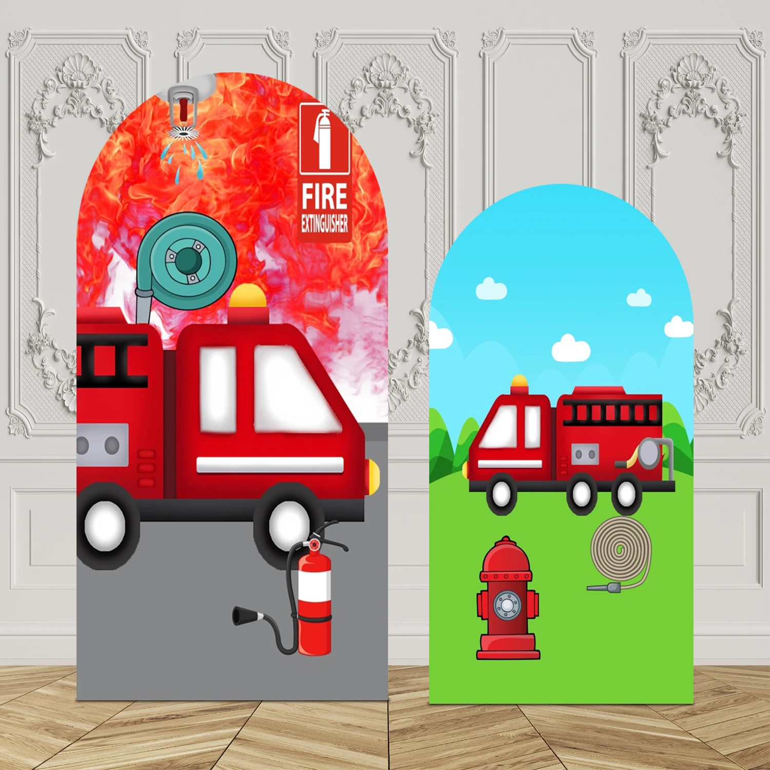 Firefighter Arch Cover Background for Boys Birthday Party Baby Shower Brick Wall Flame Alarm Fire Truck Elastic Arched Backdrop