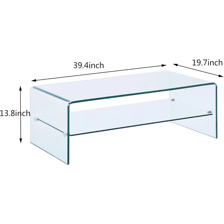 Clear Coffee Table Modern 2Layer Storage Waterfall Tempered Glass Coffee Tables for Living Room Easy to Cleand Safe Rounded Edg
