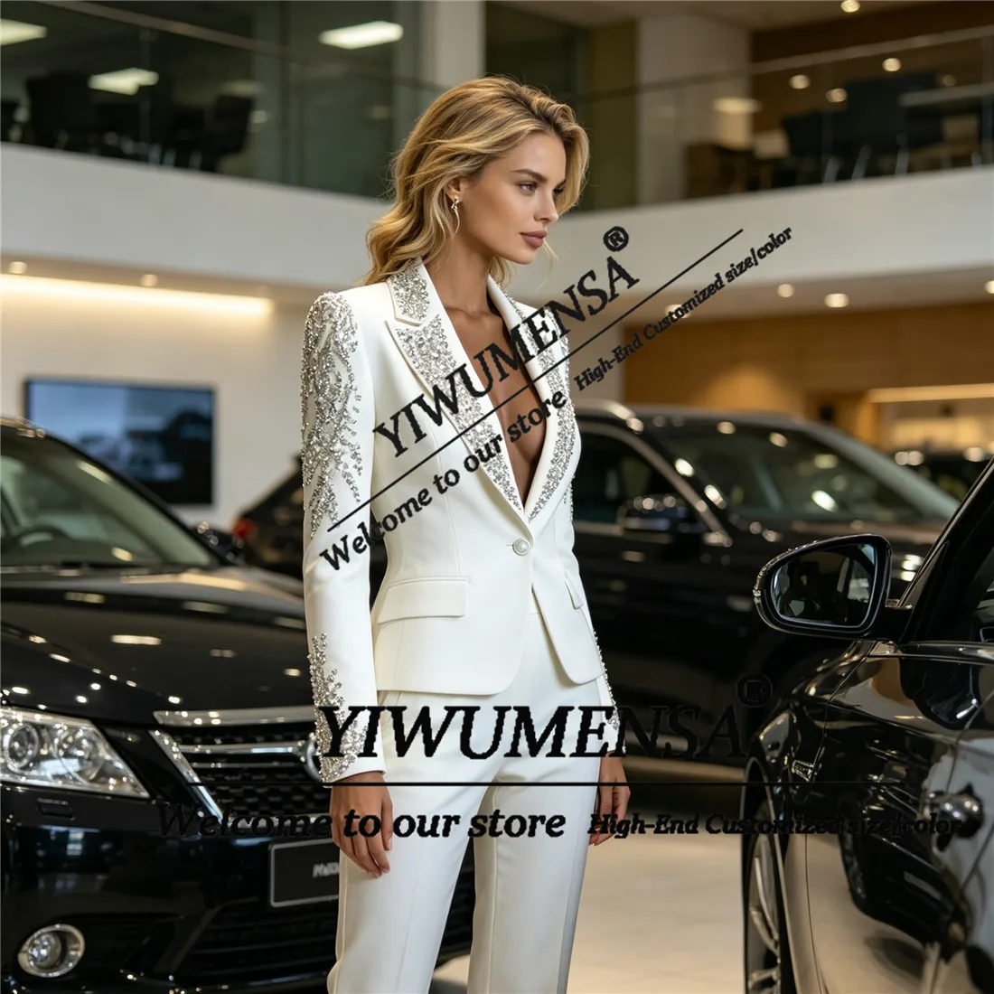 Luxury Women Suits 2 Pieces Sets Crystals Beading Prom Blazer Pants Customized Lady Business Party Tuxedos Formal Wear Outfits view 4
