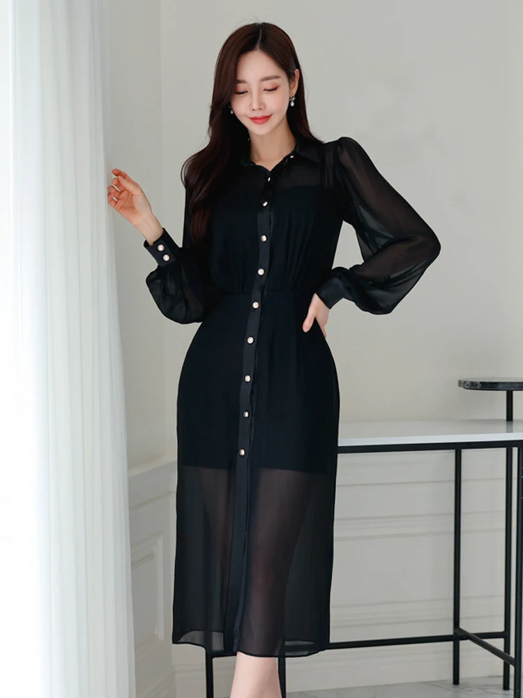 Abito professionale elegante stile camicia Abiti da donna Nero sexy trasparente trasparente a maniche lunghe Abito da lavoro femminile Abiti da strada