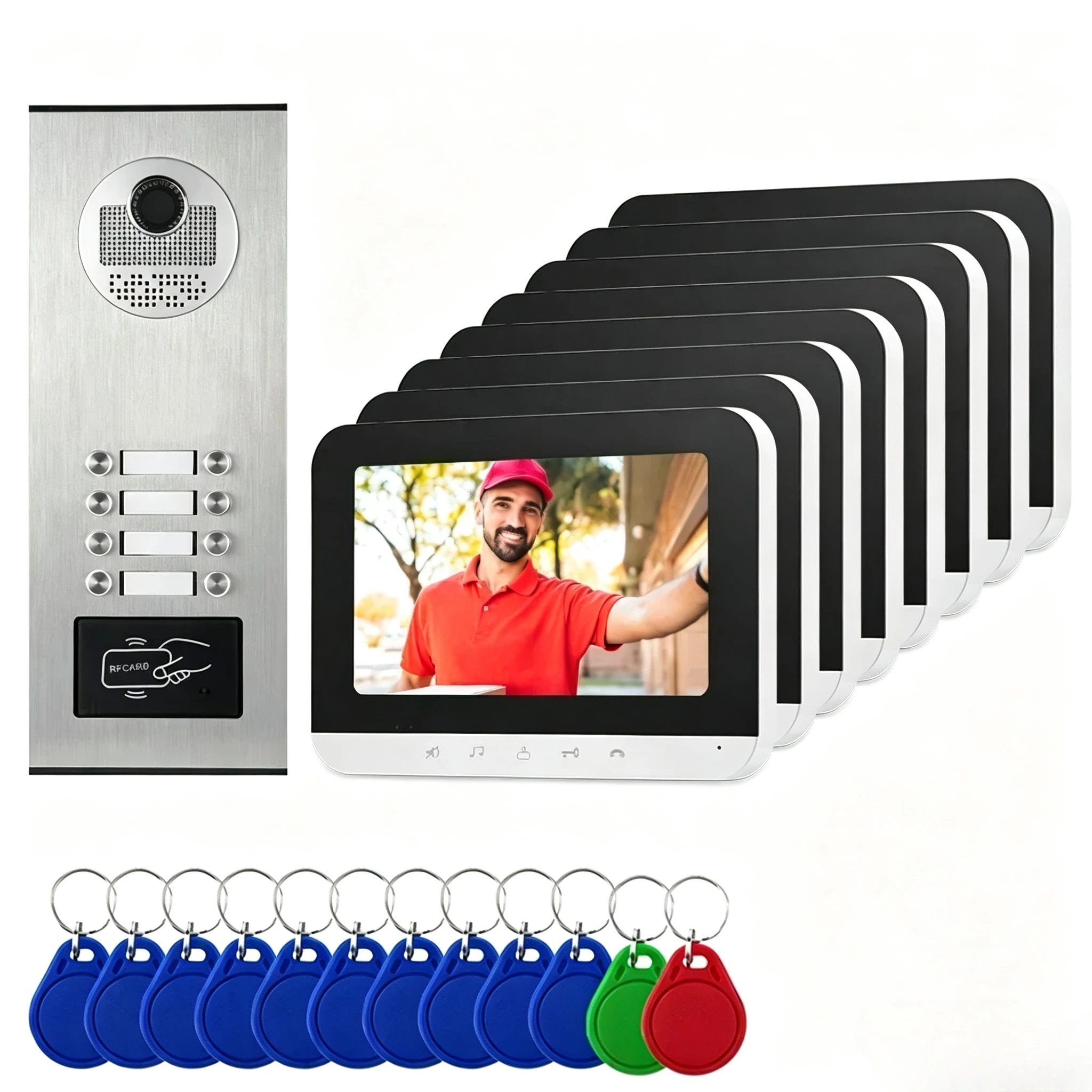 Video Intercom System for 2 to 12 Apartments, 7 Inch TFT LCD Color Monitor