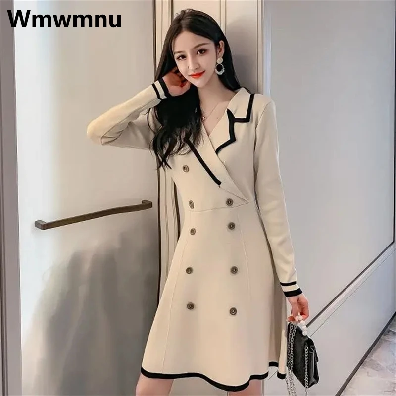 Double Breasted Blazer Dress Long Sleeve Elegant Vestidos  Women Casual Knitted Kleid Spring Fall Korean Fashion Dresses New