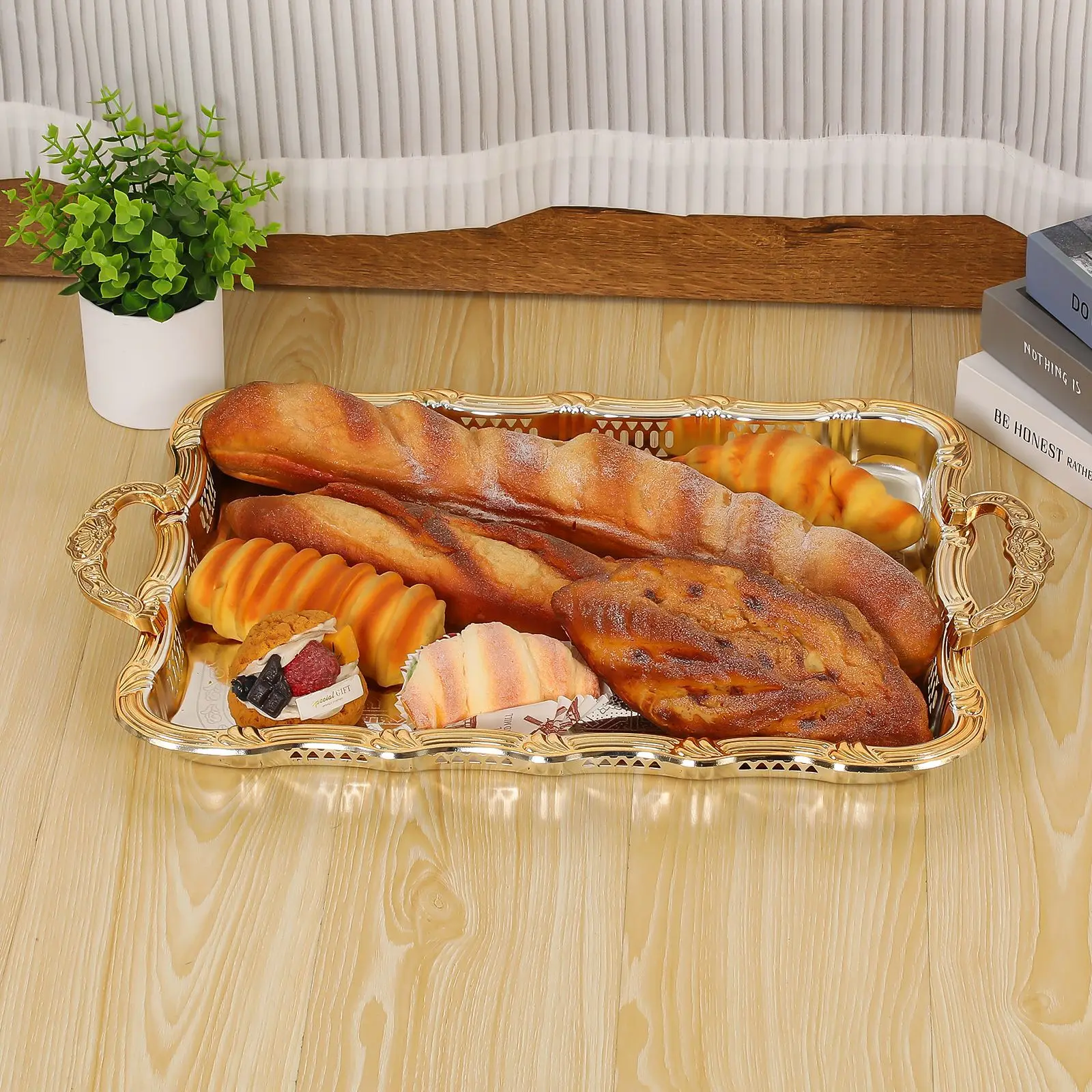 DSA rectangular tray fruit plate hotel decoration hollow portable metal ornament light luxury tray