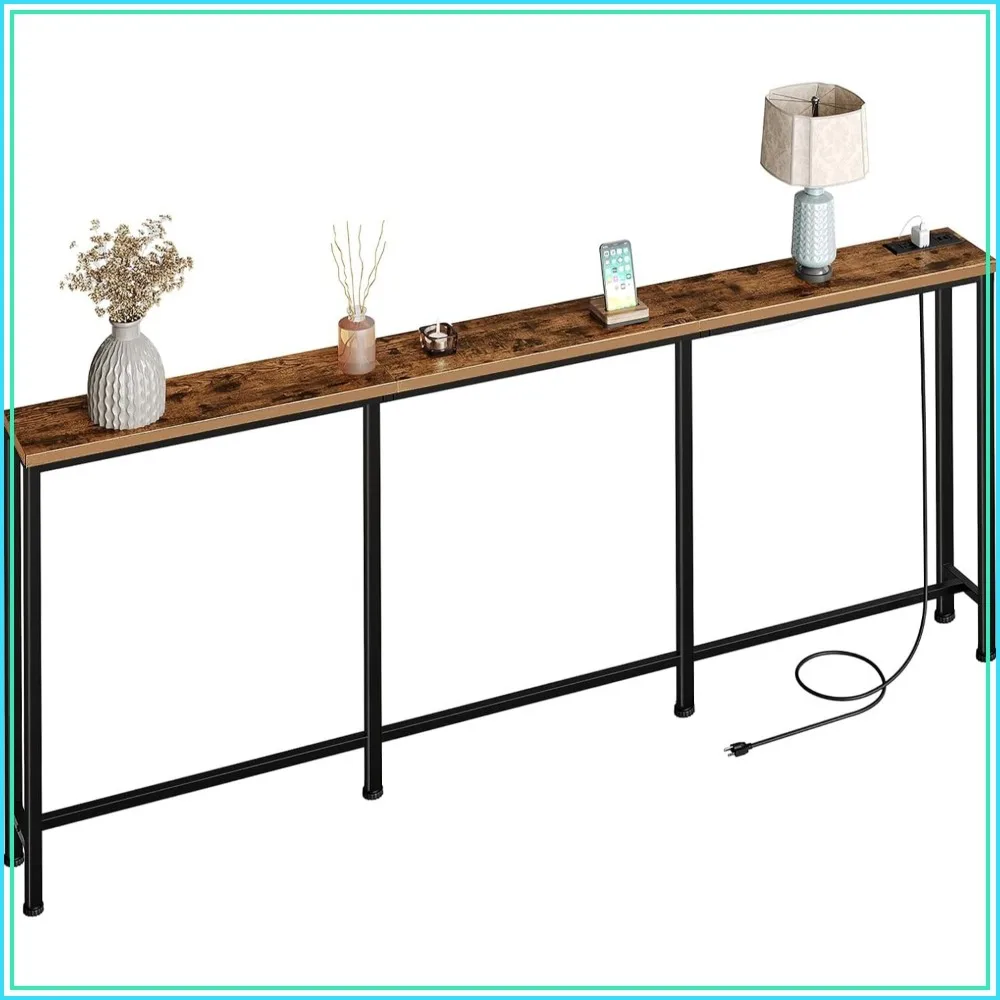 78.7'' Narrow Console Table with Power Outlet & USB, Skinny Sofa Table for Small Spaces, Rustic Brown/Black
