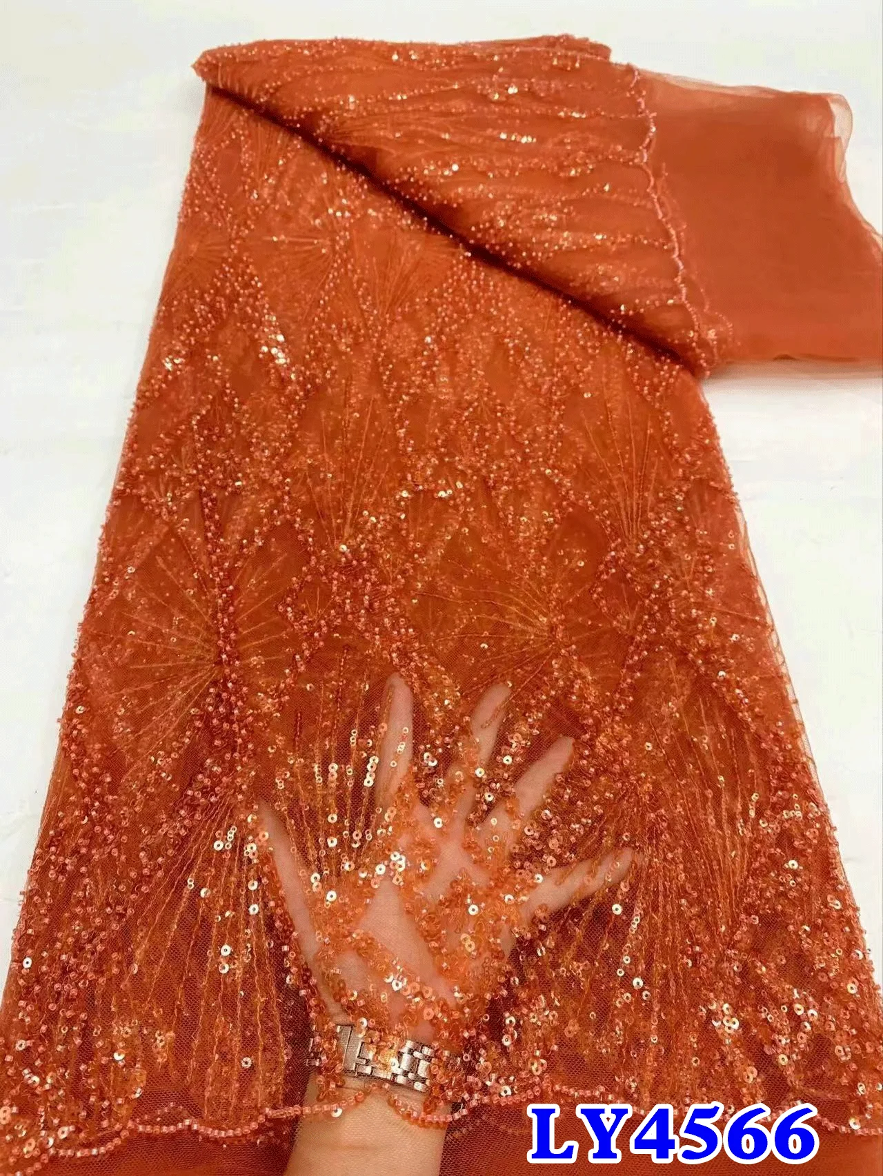 Luxury Orange Beaded Fabric Sequin Tulle Lace Embroidered Dubai New 2024 African Beads Embroidery Lace for Wedding Dress