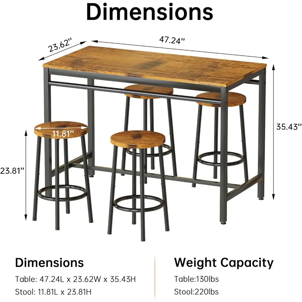 Bar Table Set, Table and Chairs for 4, Industrial Counter Height Pub Dining Set with 4 Round Bar Stools, Heavy Duty Metal Frame