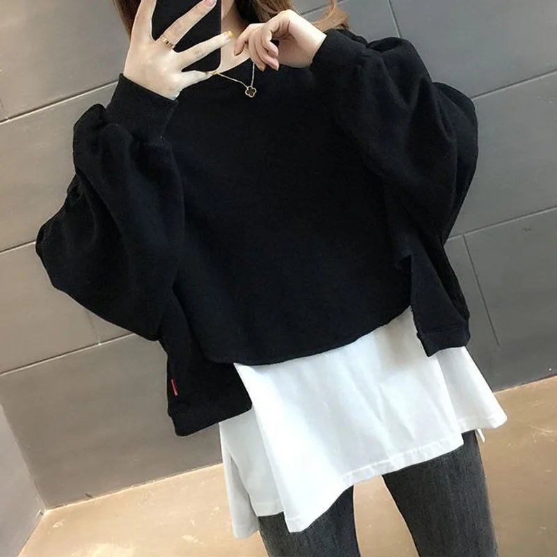 New Spring and Autumn Fashion Korean Edition Fake Two Piece Round Neck Thin Loose Versatile Western Style Slim Women\'s Sweater