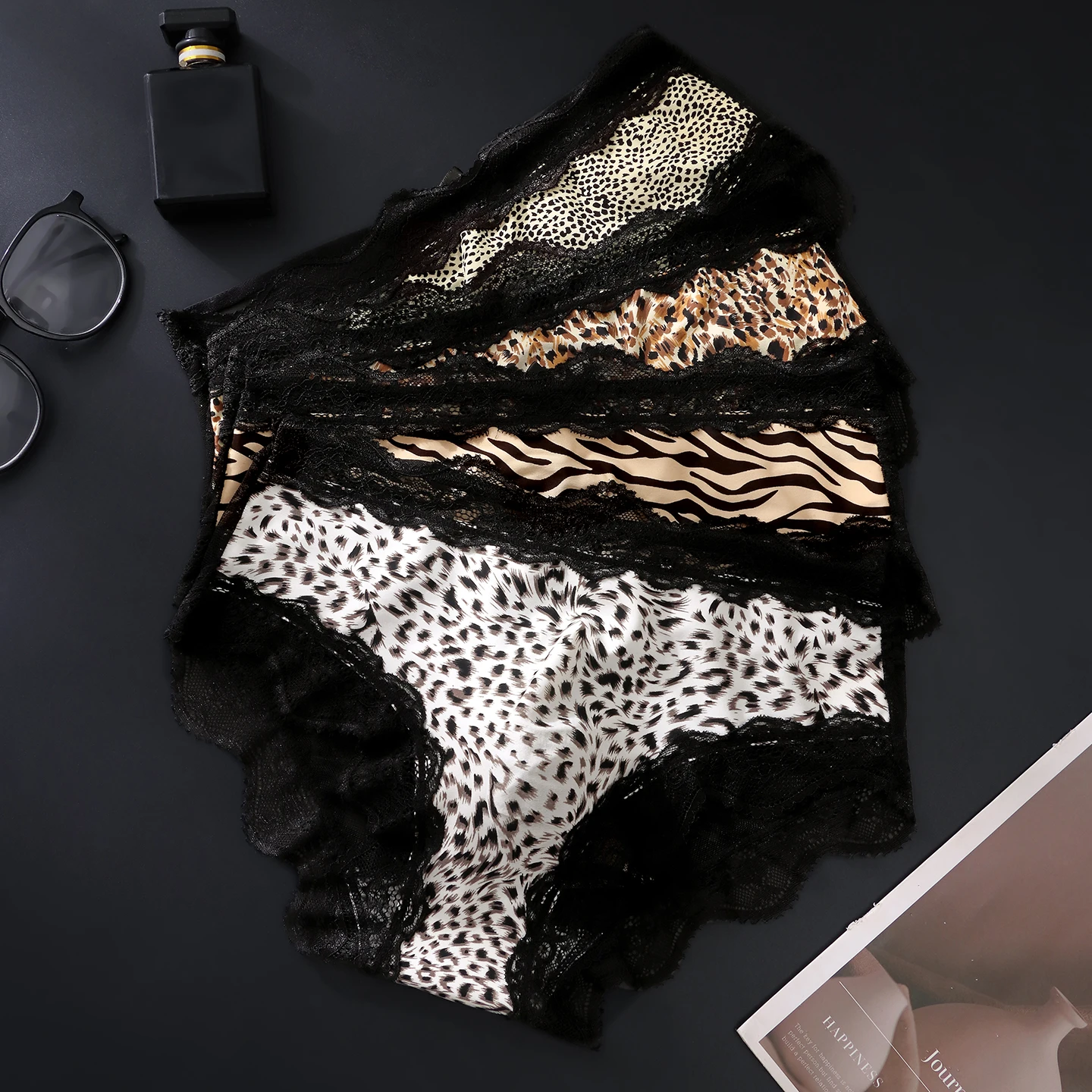 Herren Sexy Animal-Print Spitzen-Slips Leopard Zebra Satin Patchwork Gewellter Saum 3D-Tasche Niedriger Bund Hochelastische Männerunterwäsche