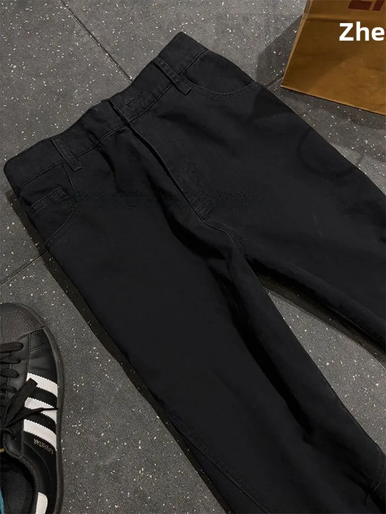 Black Slanted Cut Embroidered Jeans Men's High Waist Slim Fit Knife  Pants American Style Straight Leg Bell Bottoms