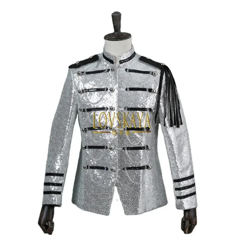 Sequins silver white palace attire performance men's formal performance attire men's hosting