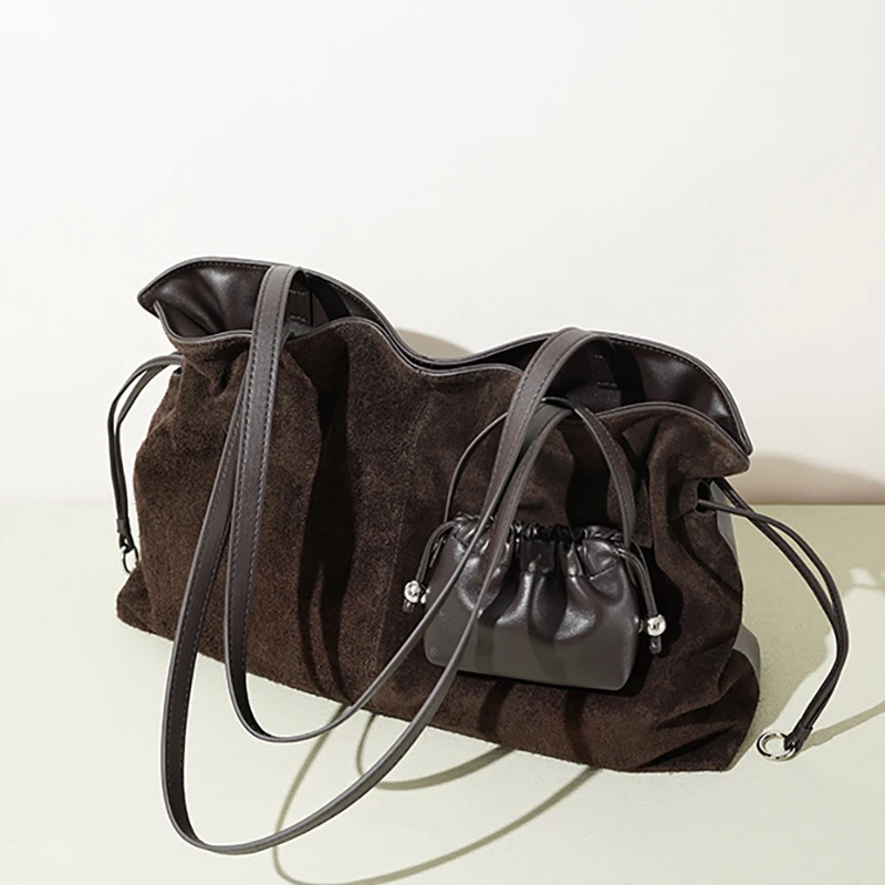 2025 Winter New Korean Style Vintage Suede Leather Saddle Bag Drawstring Wrinkled Leather Fashion Single Shoulder Handheld Bag