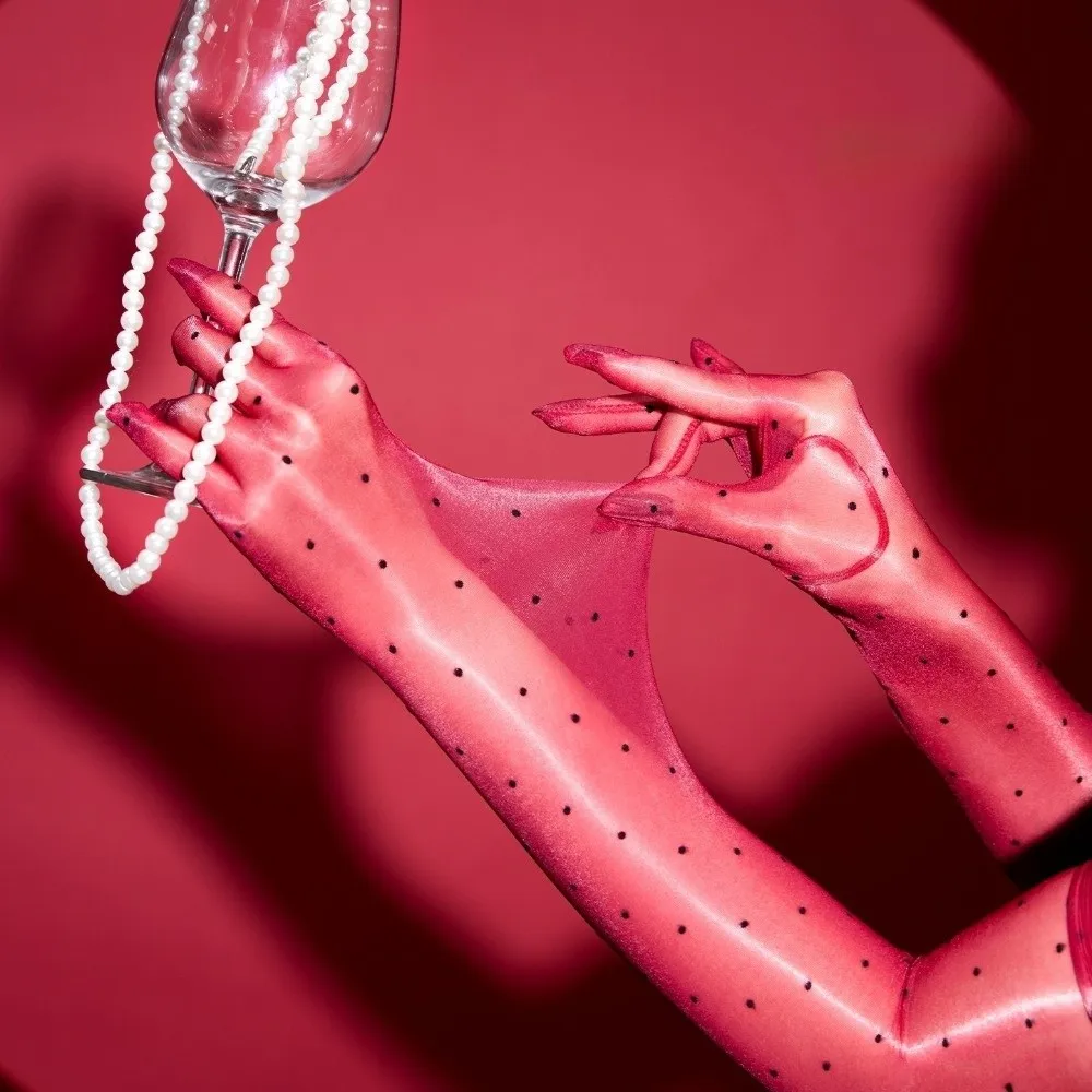 Transparent Polka Dot Five Finger Gloves Oil Shiny Ultra-thin Long Gloves Tight Smooth Stockings Gloves Women