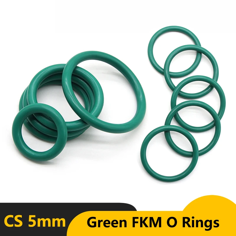 

CS 5.0mm OD 16~100mm 10pcs FKM O Ring Sealing Green Gasket Oil Resistant High Temperature Resistance Fluorine Rubber Rings