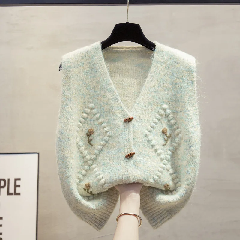 

Embroidered Flowers V-neck Knitted Vest Vest Female Autumn Korean Casual All-match Sleeveless Knitwear Waistcoat Tops Ladies
