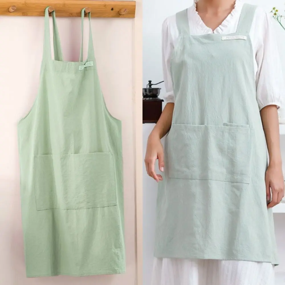 

New Japanese Style Kitchen Apron Cross-back Linen Cotton Women's Pinafore Stain-resistant Baking Overalls for Adult Kids