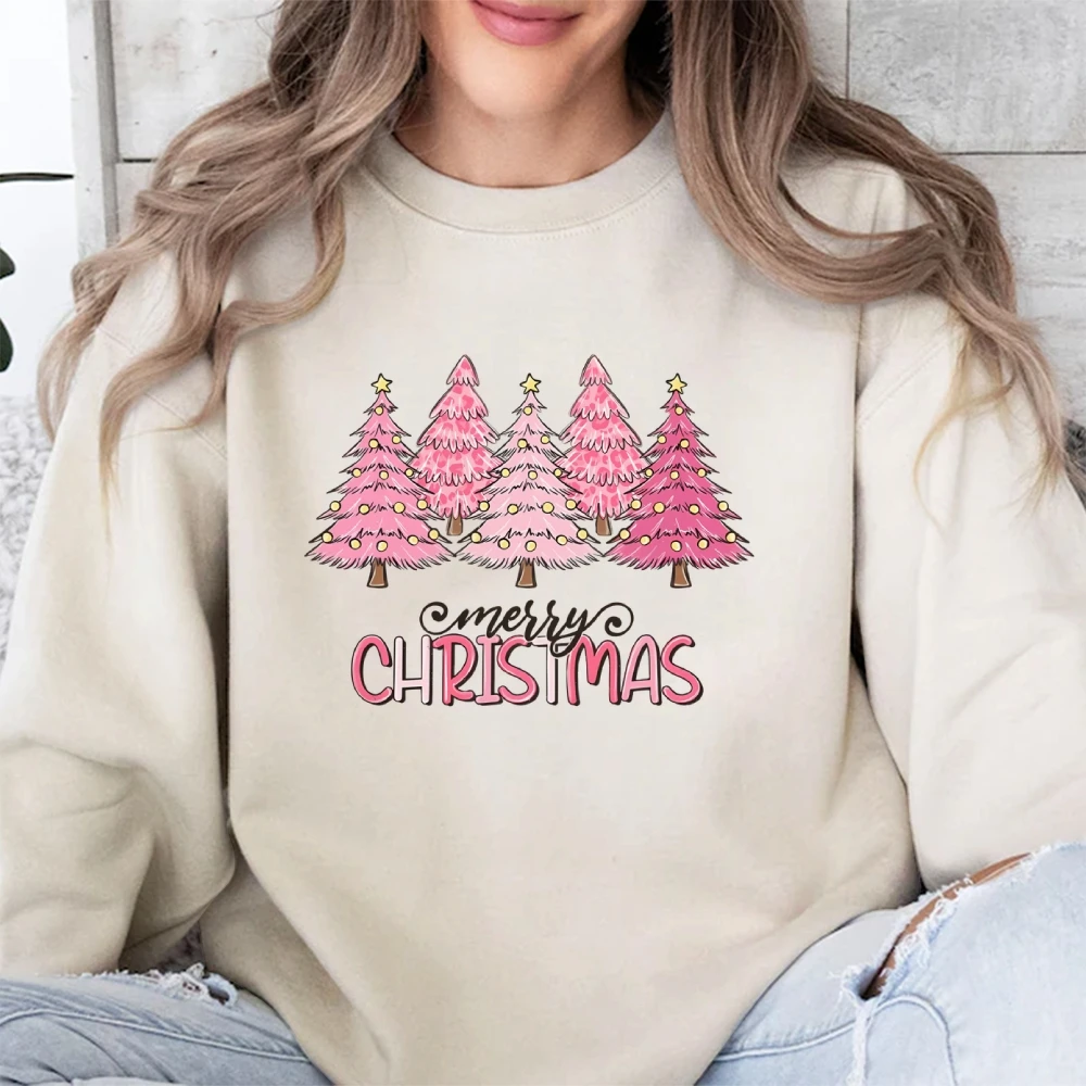 Pink Tree Christmas Sweater, Christmas Tree Crewneck Sweatshirt, Holiday Sweaters for Women, Winter Stylish Long Sleeve Shirt