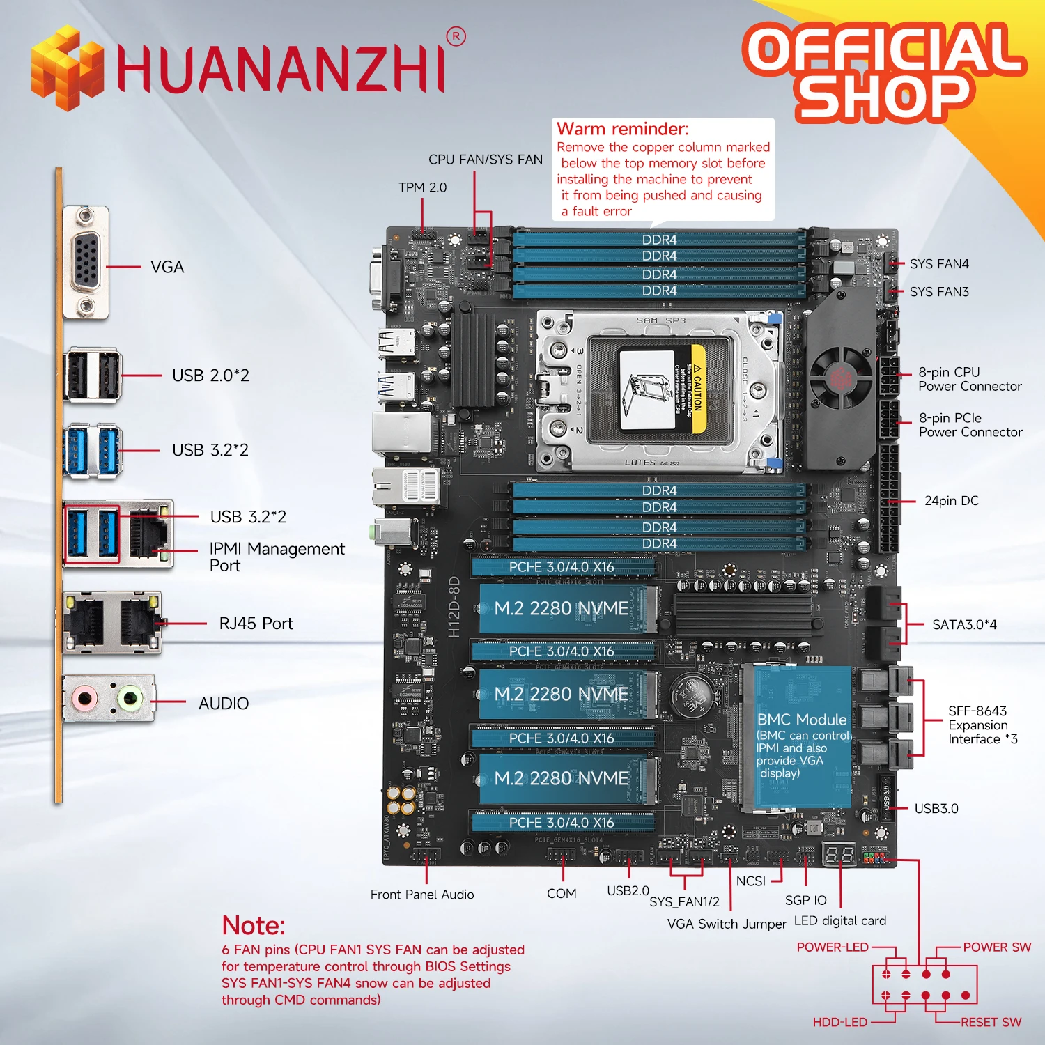 HUANANZHI H12D 8D AMD carte mère avec module BMC prise en charge AMD EPYC 7002 7003 série CPU 8 canaux de mémoire double réseau 2.5G