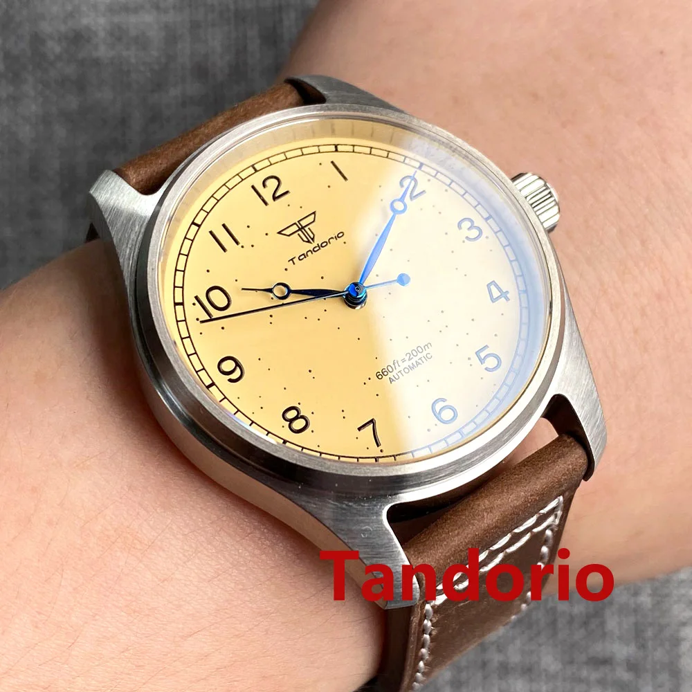 Tandorio Pilot 20ATM 39mm Aviator Brushed Miyota 8215 Automatic Diver Men's Watch Yellow Star Dial Sapphire Glass Blue Hands
