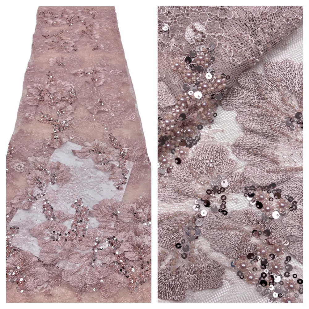 

Luxury African French Tulle Lace Fabric with Sequins Beads High Quality for Nigerian Wedding 5 Yards