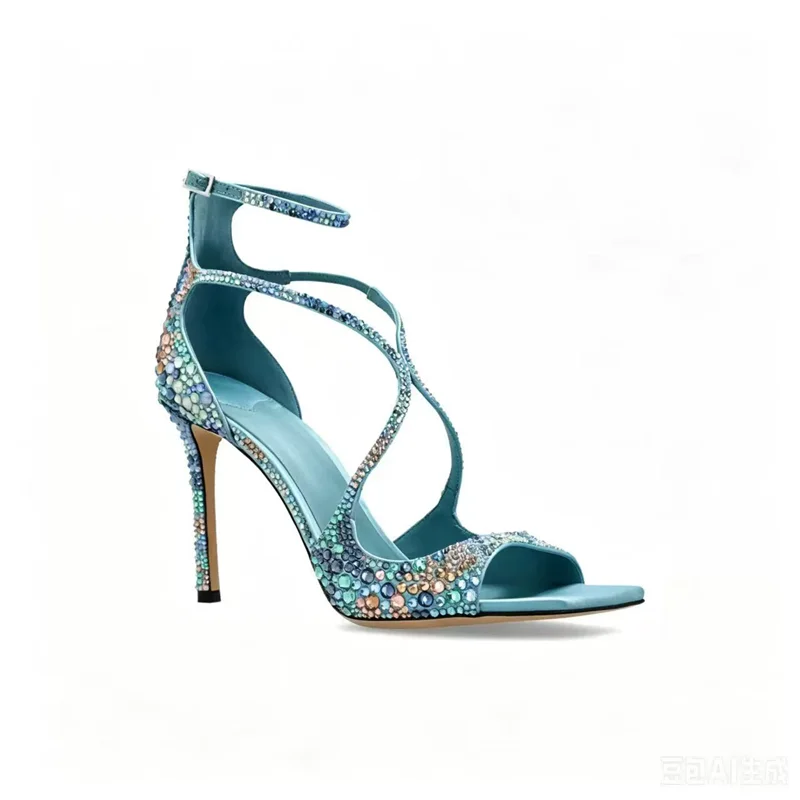Summer Fangtou Fish Mouth Water Diamond Cross Belt Wedding Shoes Banquet Stiletto High Heels Customized Large Size Women Sandals