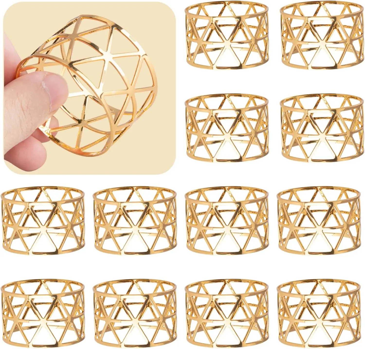 12PCS Napkin Rings with Hollow Out Triangle ,Gold Napkin Ring Holder for Wedding Party Banquet Dinner Serviette Napkin Buckles