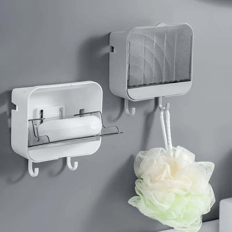 

Punch-free Covered Soap Dish Bathroom for Various Soap Drain Wall Mounted Bathroom Soap Rack with Hook Easy Closing